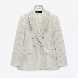 Zara  Medium Tweed Women's Gray Double-Breasted Blazer